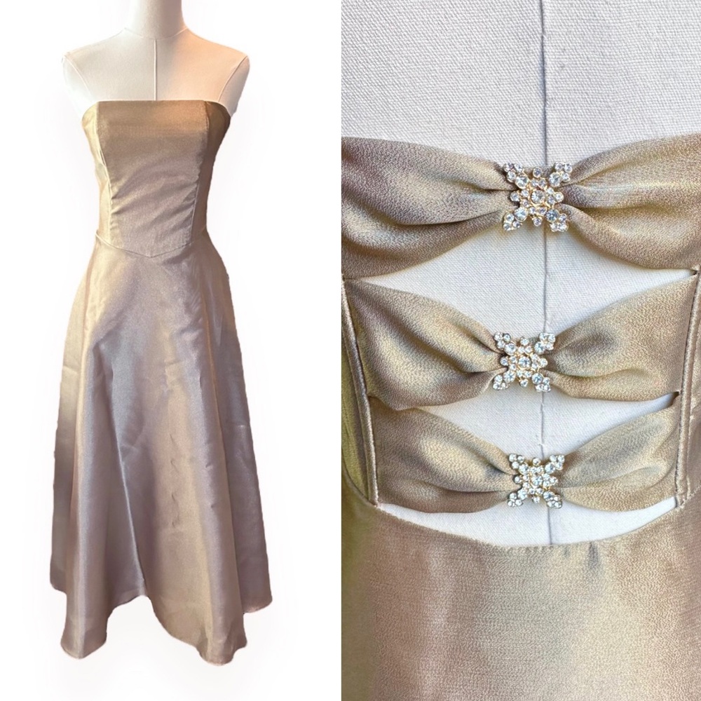 Vintage Scott McClintock Gold Strapless Dress w/ Rhinestone Cut Out Back size 4